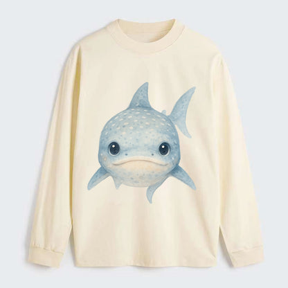 Baby Whale Shark - spotted blue-gray, wide mouth closed, tiny eyes, - Classic Long Sleeve Shirt - Beige