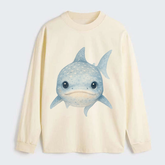 Baby Whale Shark - spotted blue-gray, wide mouth closed, tiny eyes, - Classic Long Sleeve Shirt - Beige