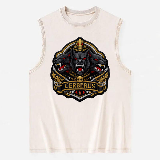CERBERUS THREE HEADS - triple hound in black and red , underworld - Vintage Washed Tank - Beige