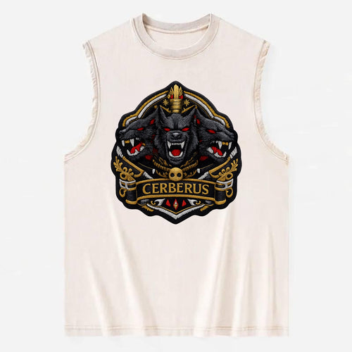 CERBERUS THREE HEADS - triple hound in black and red , underworld - Vintage Washed Tank