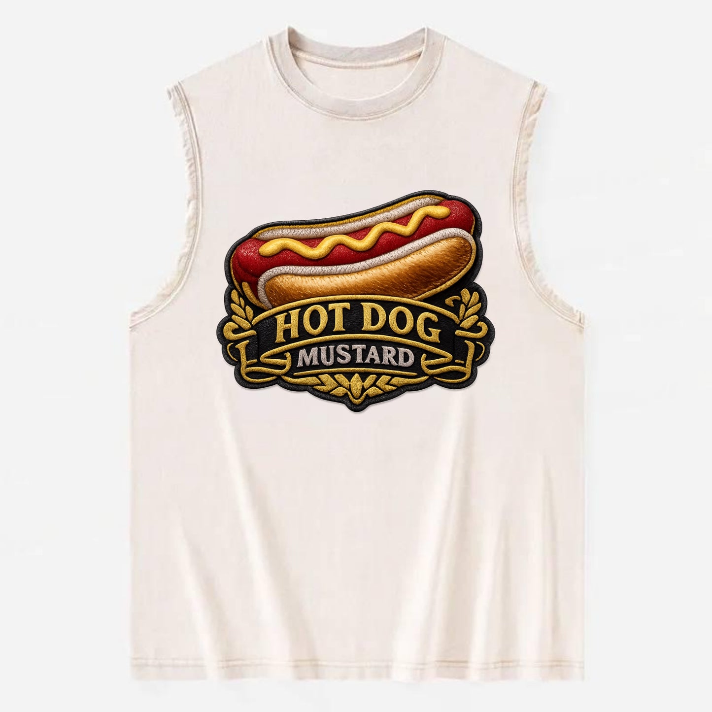 HOT DOG MUSTARD - classic hot dog in tan yellow red , ballpark food - Vintage Washed Tank - Beige
