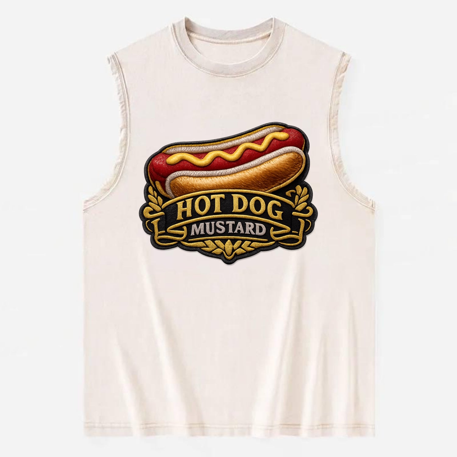 HOT DOG MUSTARD - classic hot dog in tan yellow red , ballpark food - Vintage Washed Tank - Beige