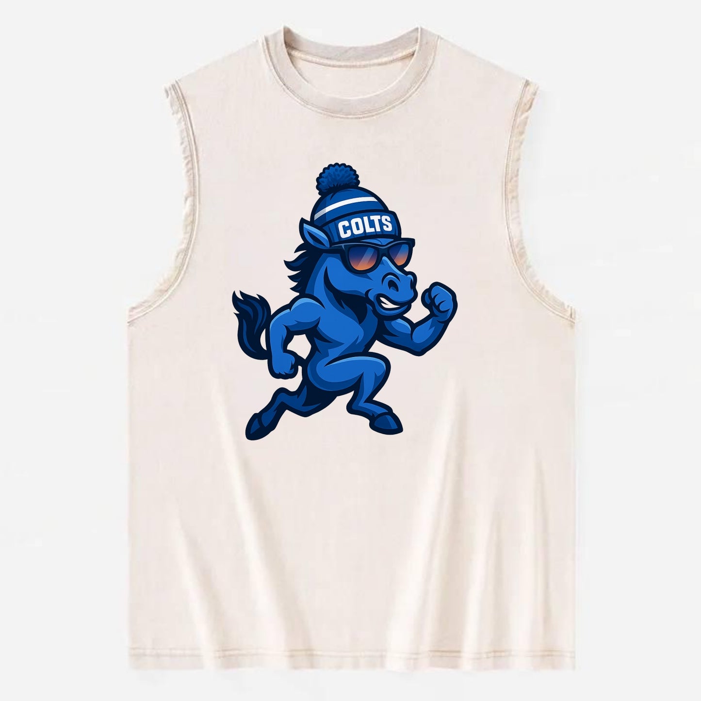 Indianapolis Colt Horse wearing Colts blue and white beanie with pom pom and - Vintage Washed Tank - Beige