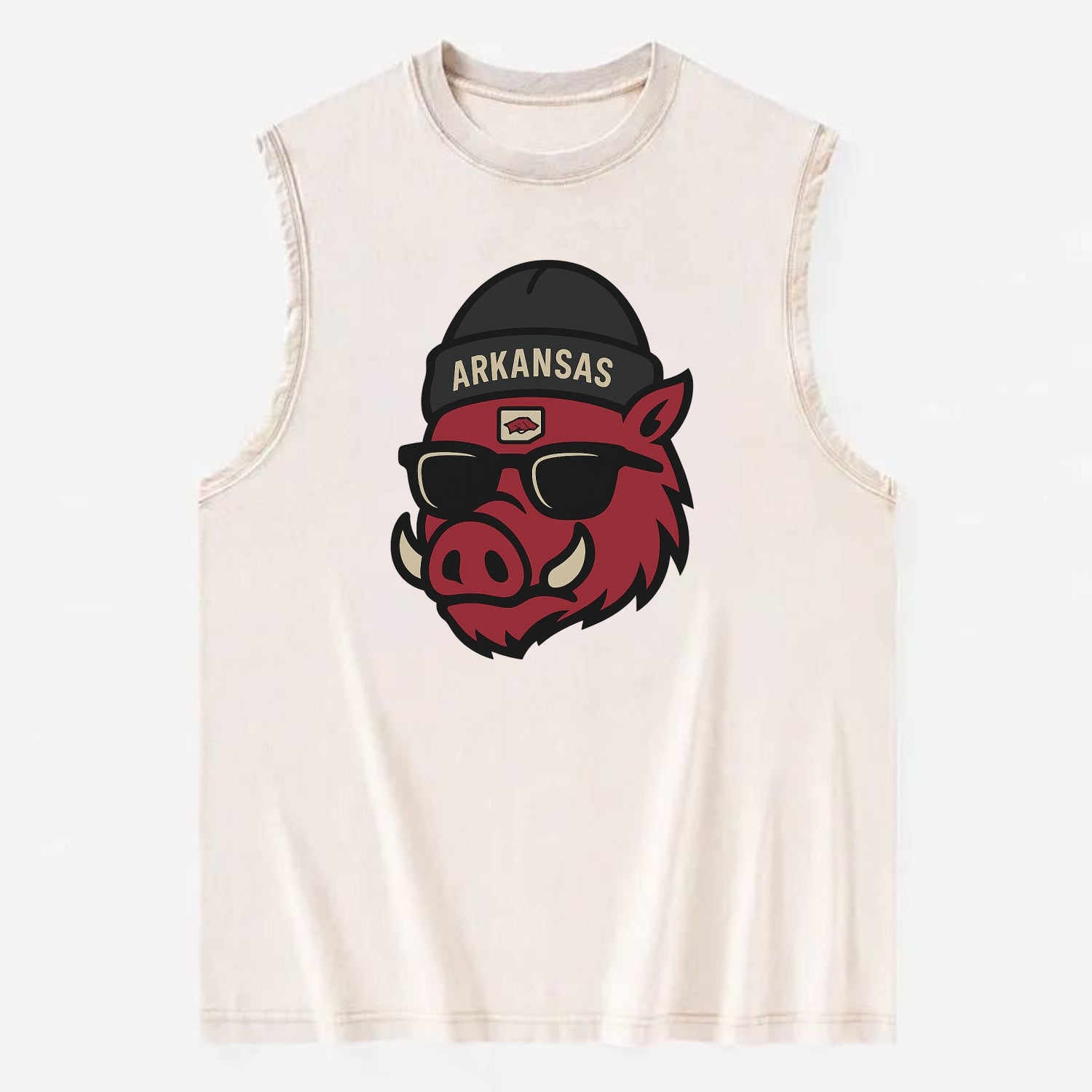 Fayetteville Razorback wearing Arkansas beanie with hog patch - Vintage Washed Tank - Beige
