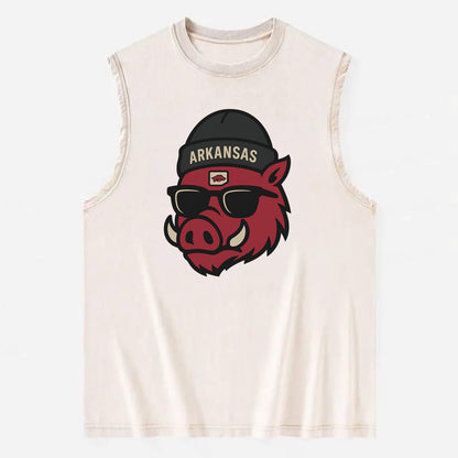 Fayetteville Razorback wearing Arkansas beanie with hog patch - Vintage Washed Tank - Beige