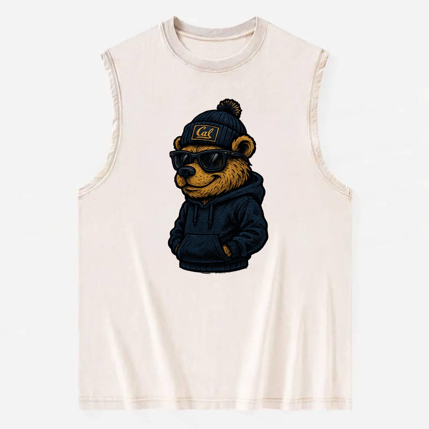 Berkeley Bear wearing Cal beanie with script patch - Vintage Washed Tank - Beige