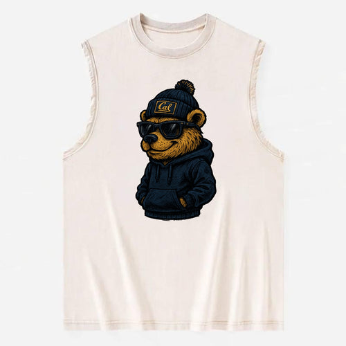 Berkeley Bear wearing Cal beanie with script patch - Vintage Washed Tank