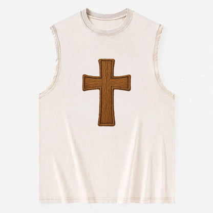Carved Cross  - Vintage Washed Tank - Beige