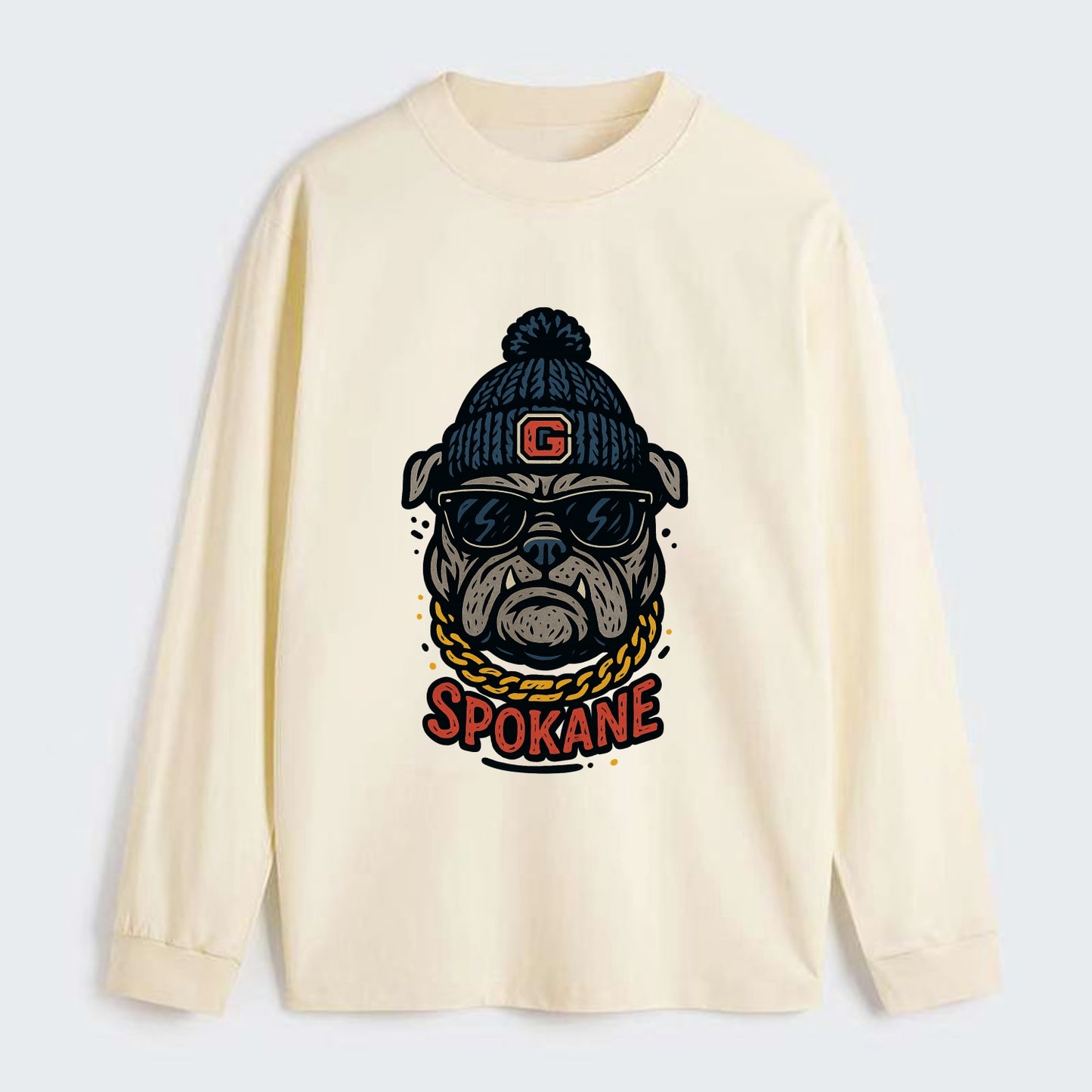 Spokane Bulldog wearing Gonzaga beanie with G patch - Classic Long Sleeve Shirt - Beige