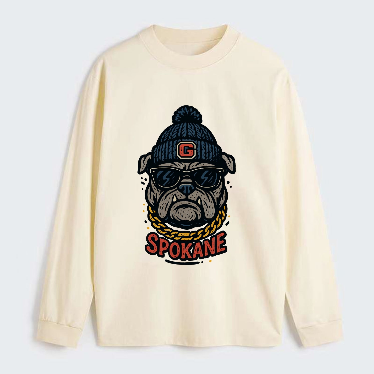 Spokane Bulldog wearing Gonzaga beanie with G patch - Classic Long Sleeve Shirt - Beige