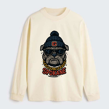Spokane Bulldog wearing Gonzaga beanie with G patch - Classic Long Sleeve Shirt - Beige
