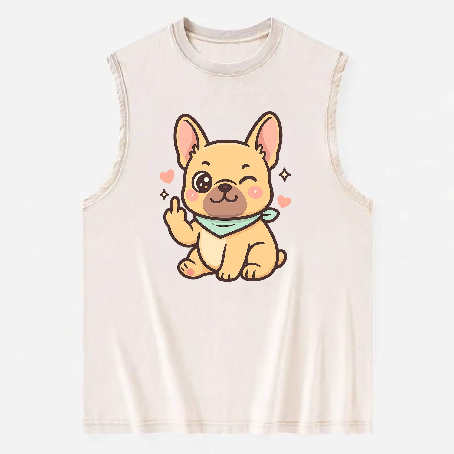 French Bulldog sitting with bat ears up, strong paw with sass - Vintage Washed Tank - Beige
