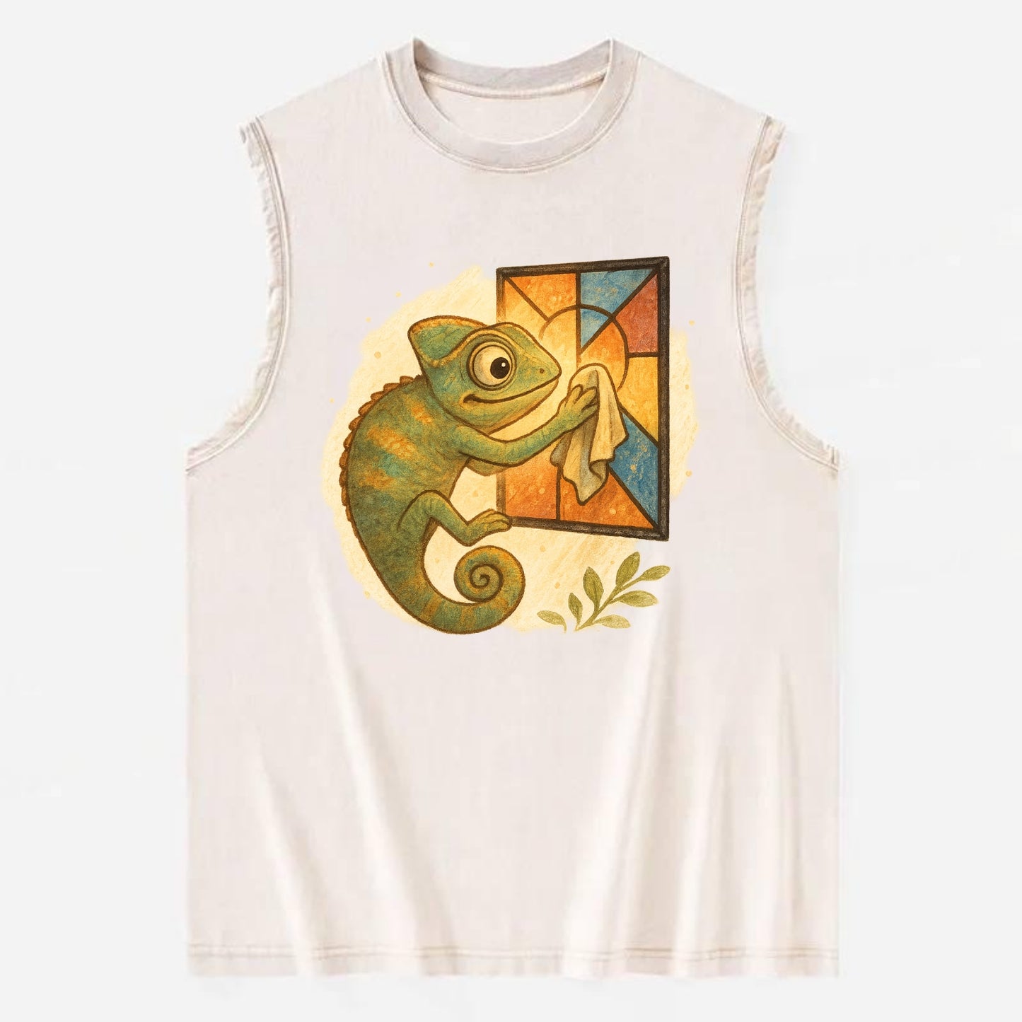 Chameleon blending into a stained-glass window it is polishing with delicate - Vintage Washed Tank - Beige