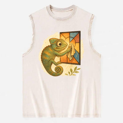 Chameleon blending into a stained-glass window it is polishing with delicate - Vintage Washed Tank - Beige