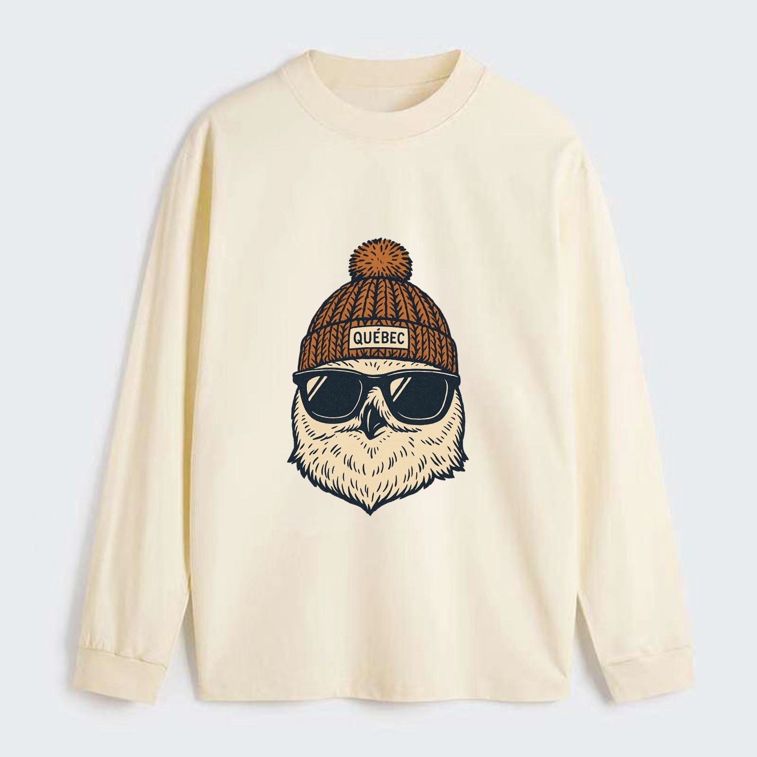 Quebec City Snowy Owl wearing Quebec beanie with pom pom and wayfarer - Classic Long Sleeve Shirt - Beige