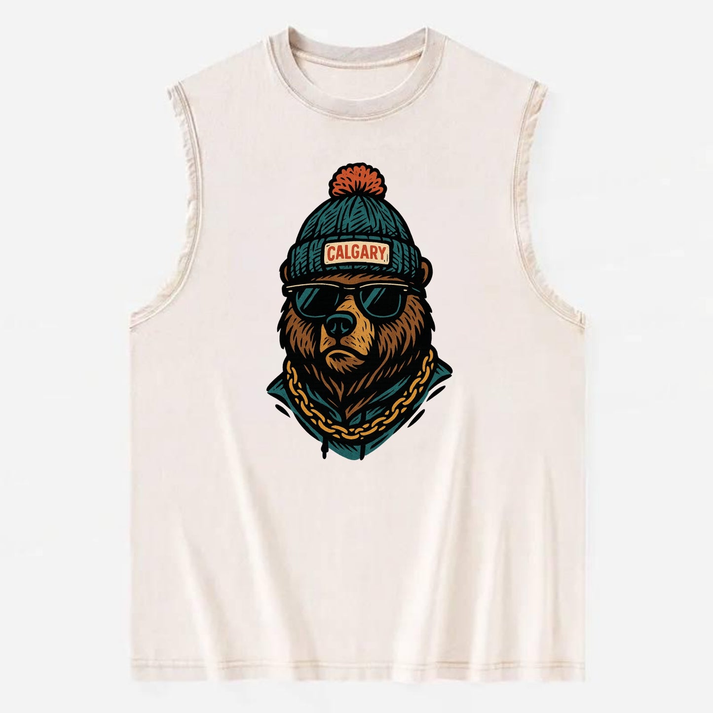 Calgary Grizzly Bear wearing Calgary beanie with pom pom and wayfarer - Vintage Washed Tank - Beige