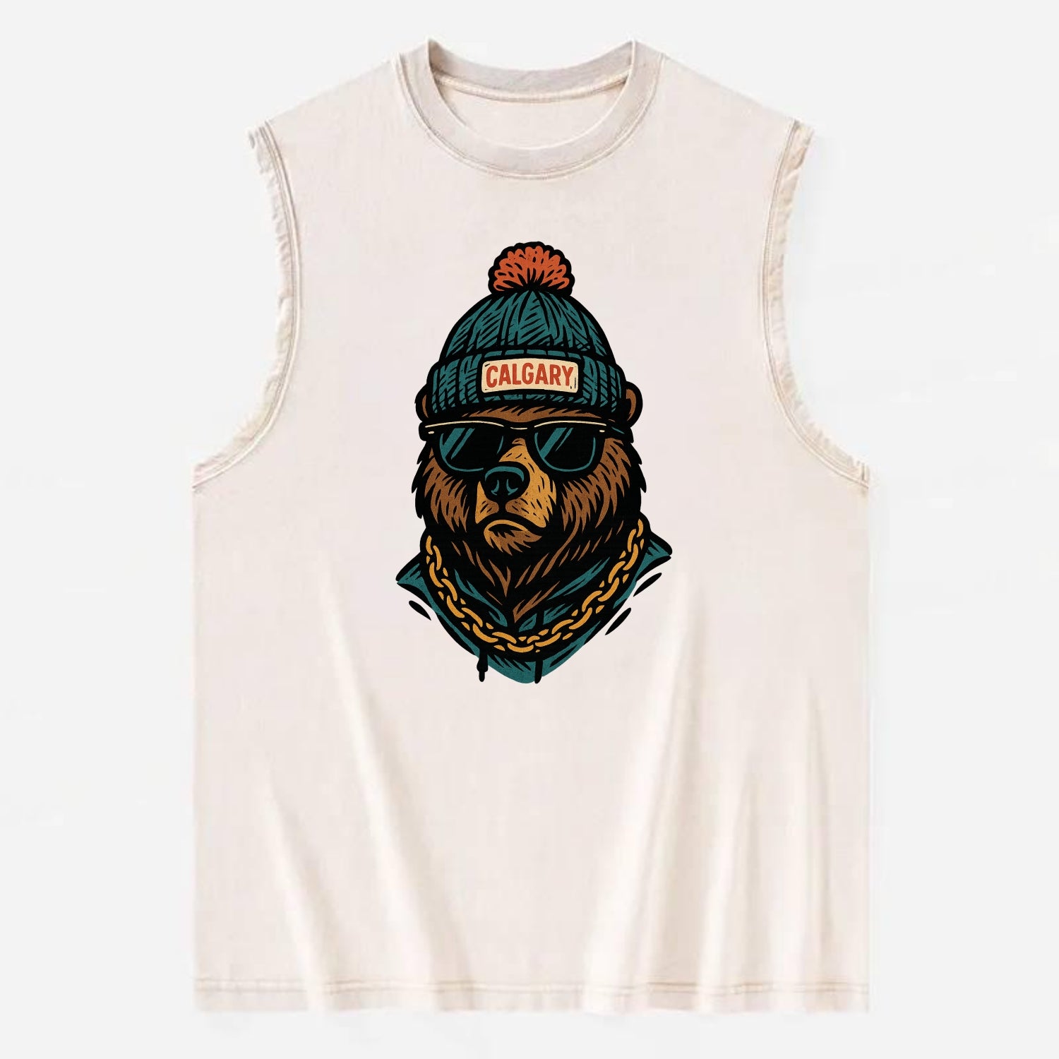 Calgary Grizzly Bear wearing Calgary beanie with pom pom and wayfarer - Vintage Washed Tank - Beige