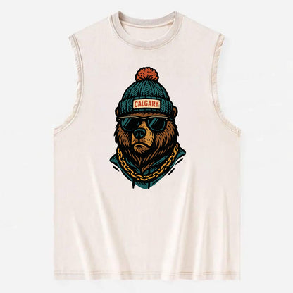 Calgary Grizzly Bear wearing Calgary beanie with pom pom and wayfarer - Vintage Washed Tank - Beige