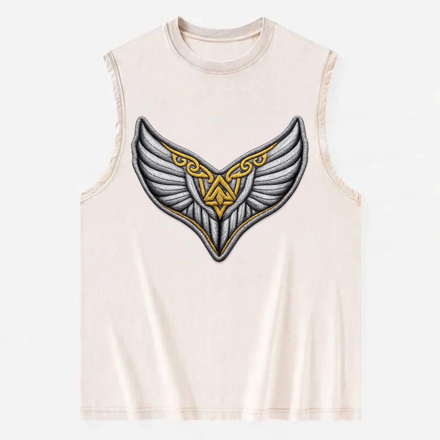 VALKYRIE WINGS - warrior maiden wings in silver and gold , Norse myth - Vintage Washed Tank - Beige