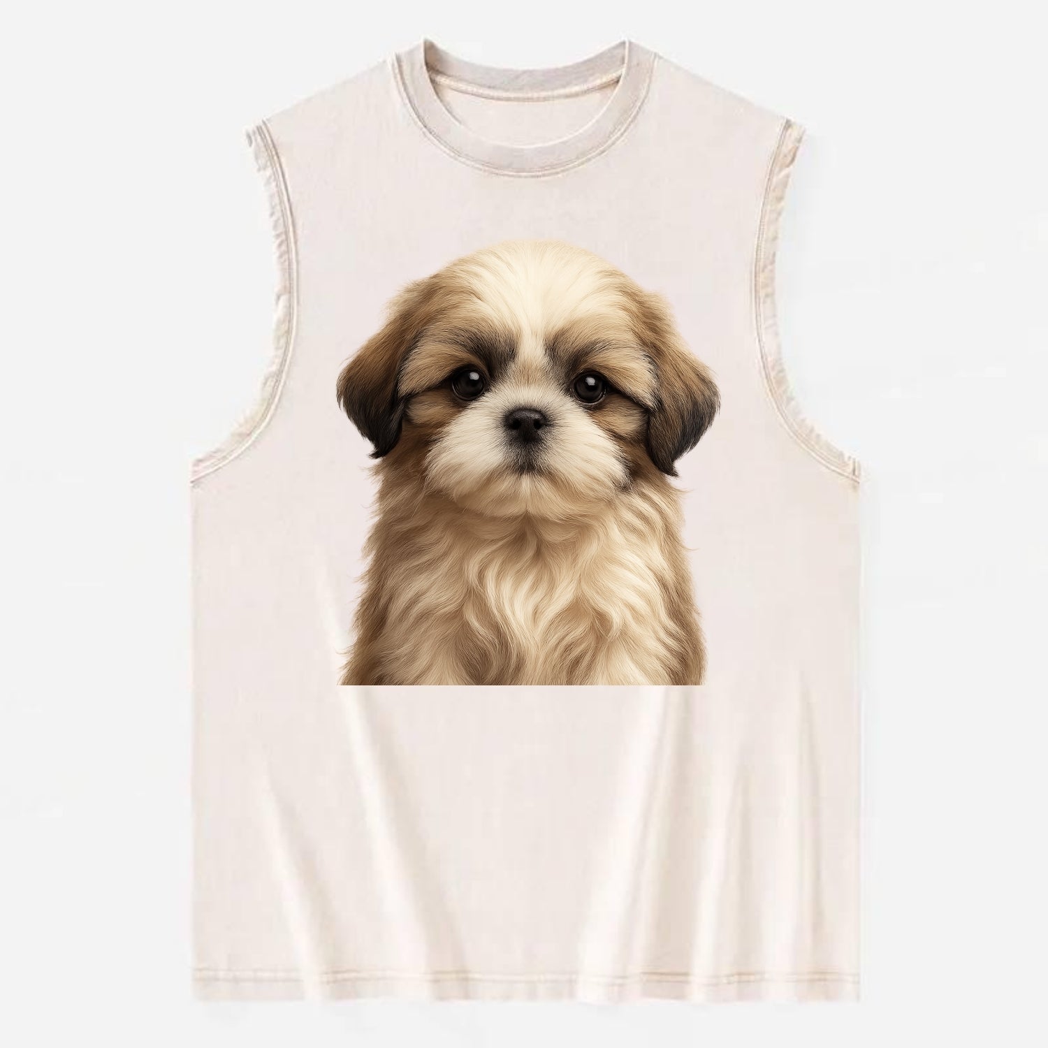 Baby Shih Tzu Puppy - long flowing coat, flat face, big dark eyes, - Vintage Washed Tank - Beige