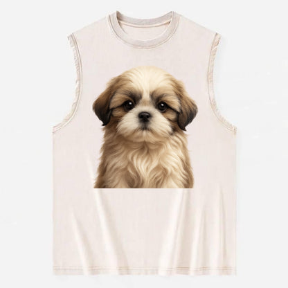 Baby Shih Tzu Puppy - long flowing coat, flat face, big dark eyes, - Vintage Washed Tank - Beige
