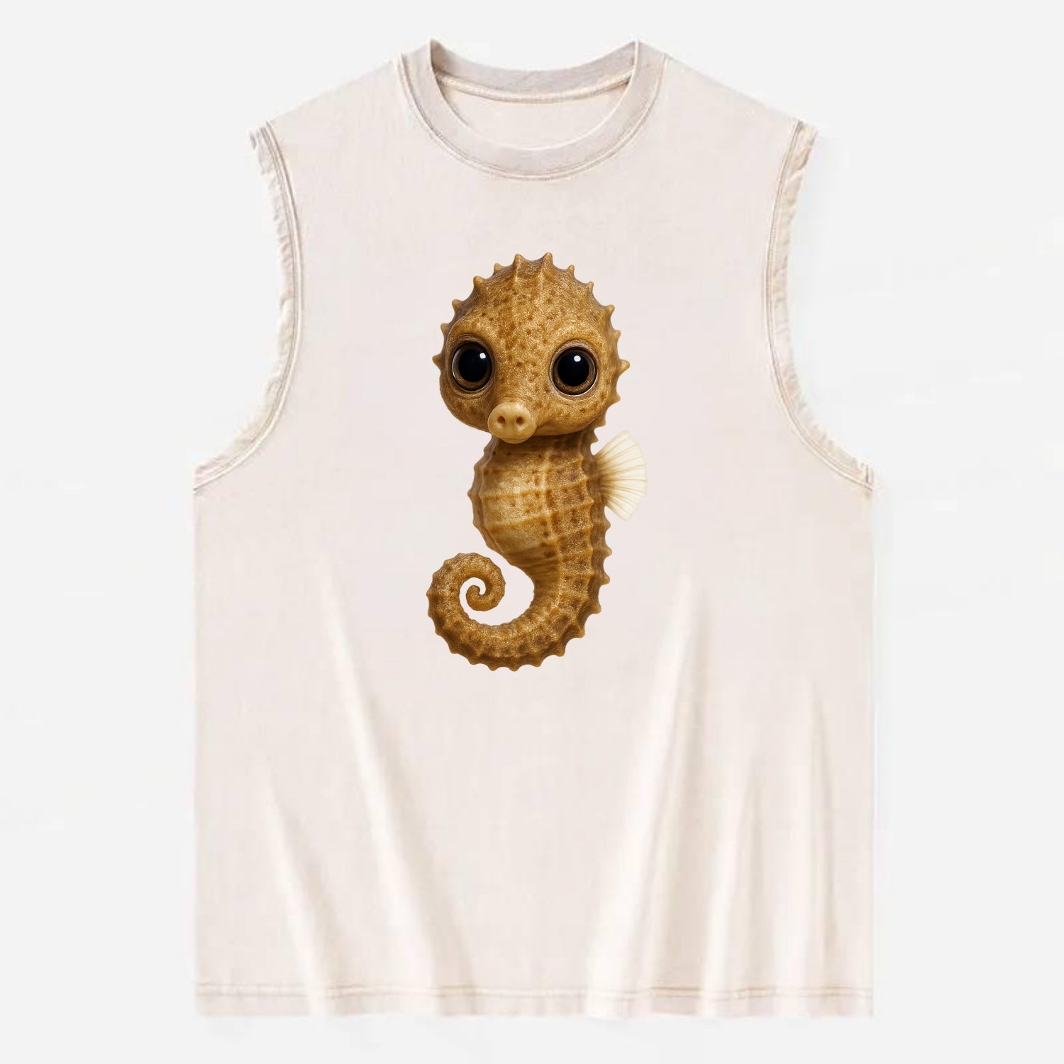 Baby Seahorse - curled tail, snout, large eyes, front-facing, delicate and - Vintage Washed Tank - Beige