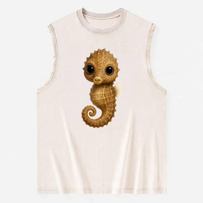 Baby Seahorse - curled tail, snout, large eyes, front-facing, delicate and - Vintage Washed Tank - Beige