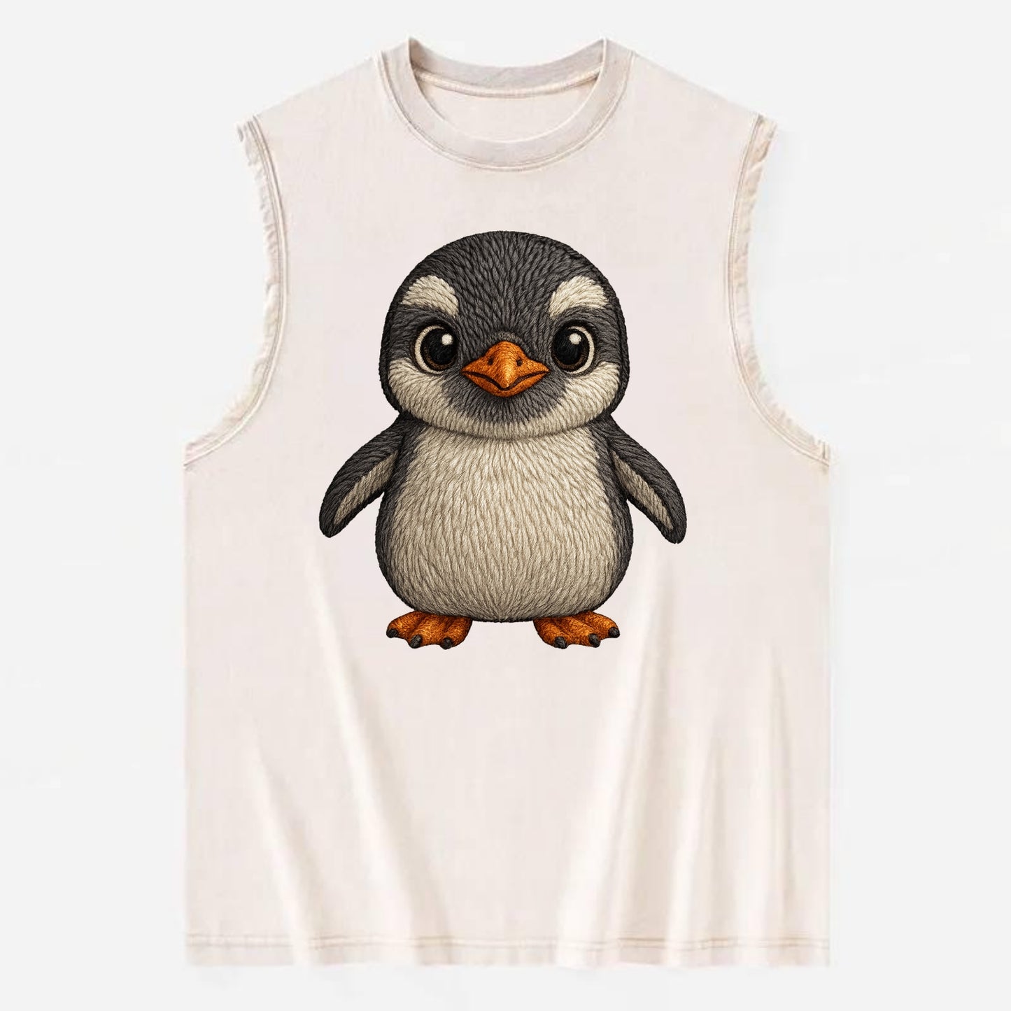 Baby Gentoo Penguin - orange beak, white cap, bright eyes, front-facing, - Vintage Washed Tank - Beige