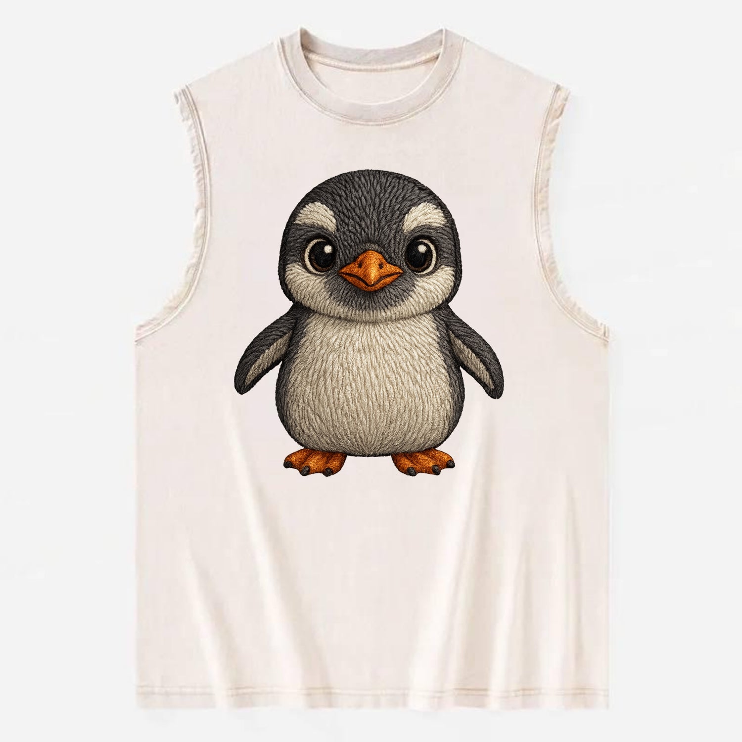 Baby Gentoo Penguin - orange beak, white cap, bright eyes, front-facing, - Vintage Washed Tank - Beige
