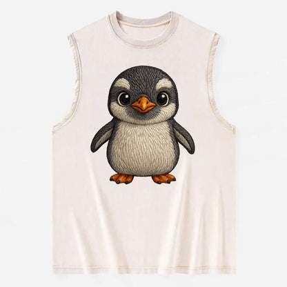 Baby Gentoo Penguin - orange beak, white cap, bright eyes, front-facing, - Vintage Washed Tank - Beige