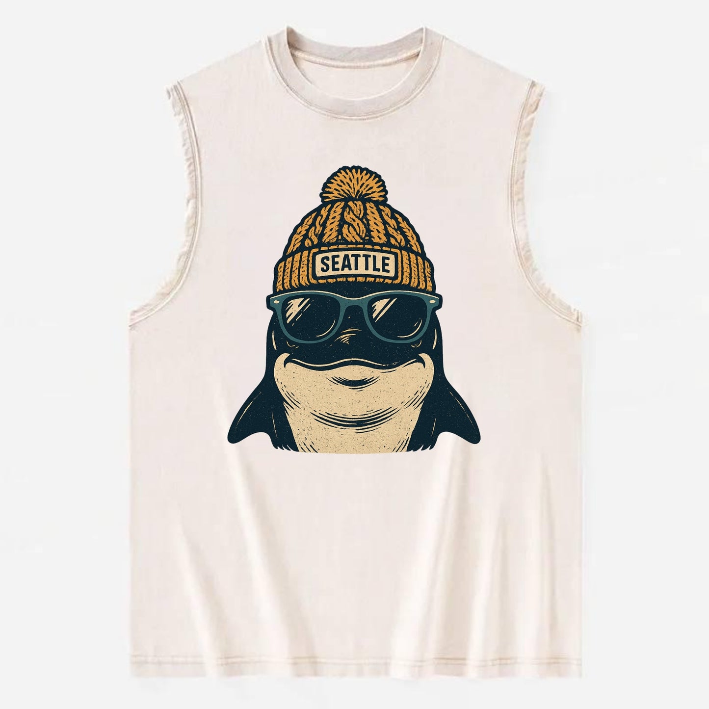 Seattle Orca wearing Seattle beanie with pom pom and wayfarer sunglasses - Vintage Washed Tank - Beige