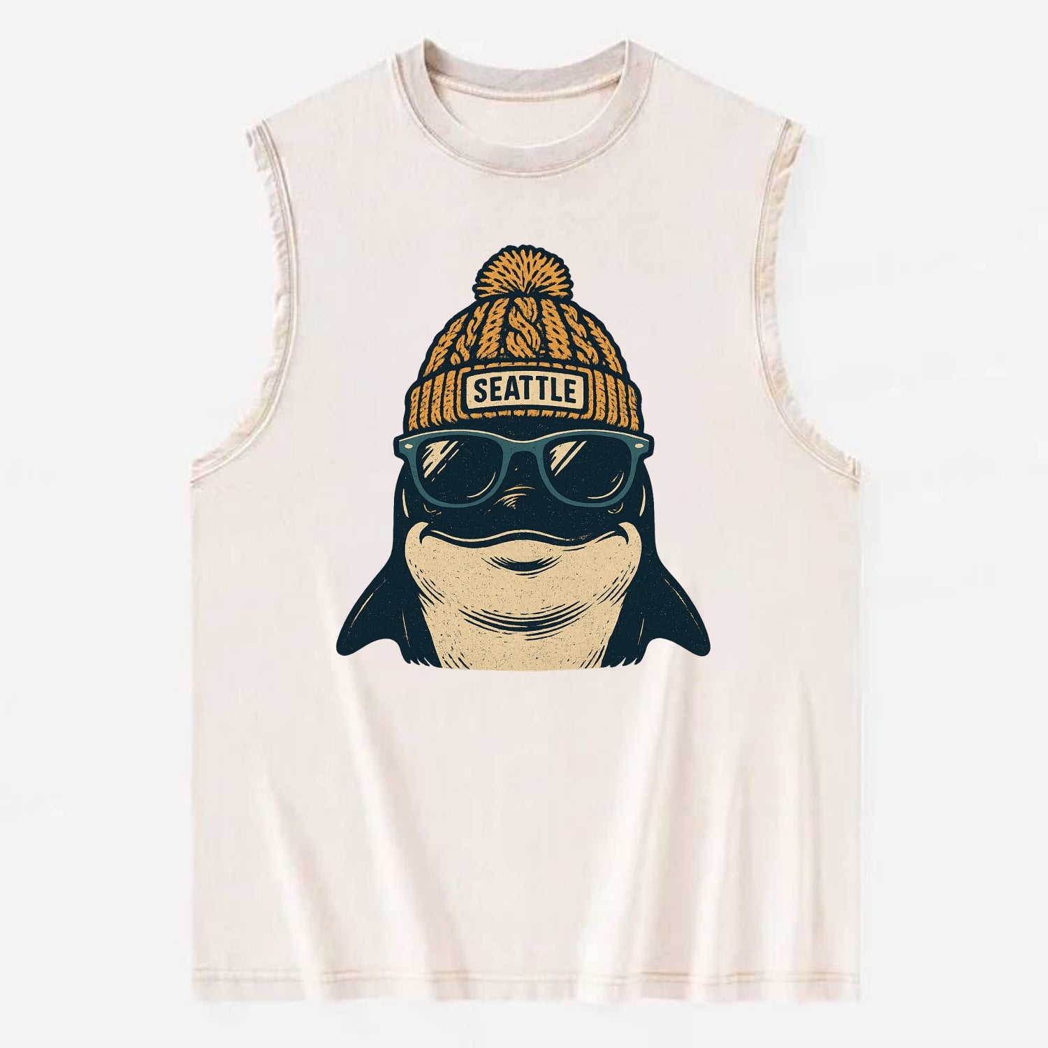 Seattle Orca wearing Seattle beanie with pom pom and wayfarer sunglasses - Vintage Washed Tank - Beige