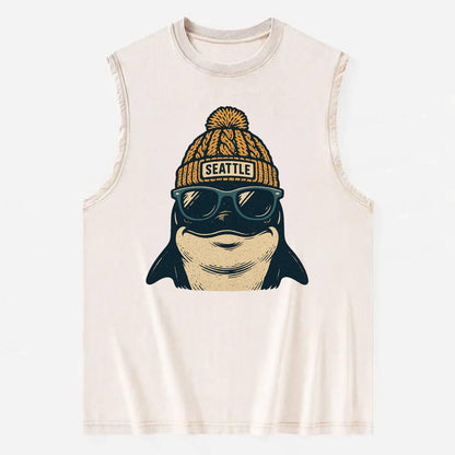 Seattle Orca wearing Seattle beanie with pom pom and wayfarer sunglasses - Vintage Washed Tank - Beige