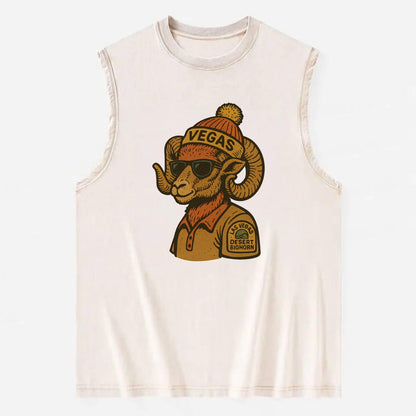 Las Vegas Desert Bighorn wearing Vegas beanie with pom pom and wayfarer - Vintage Washed Tank - Beige