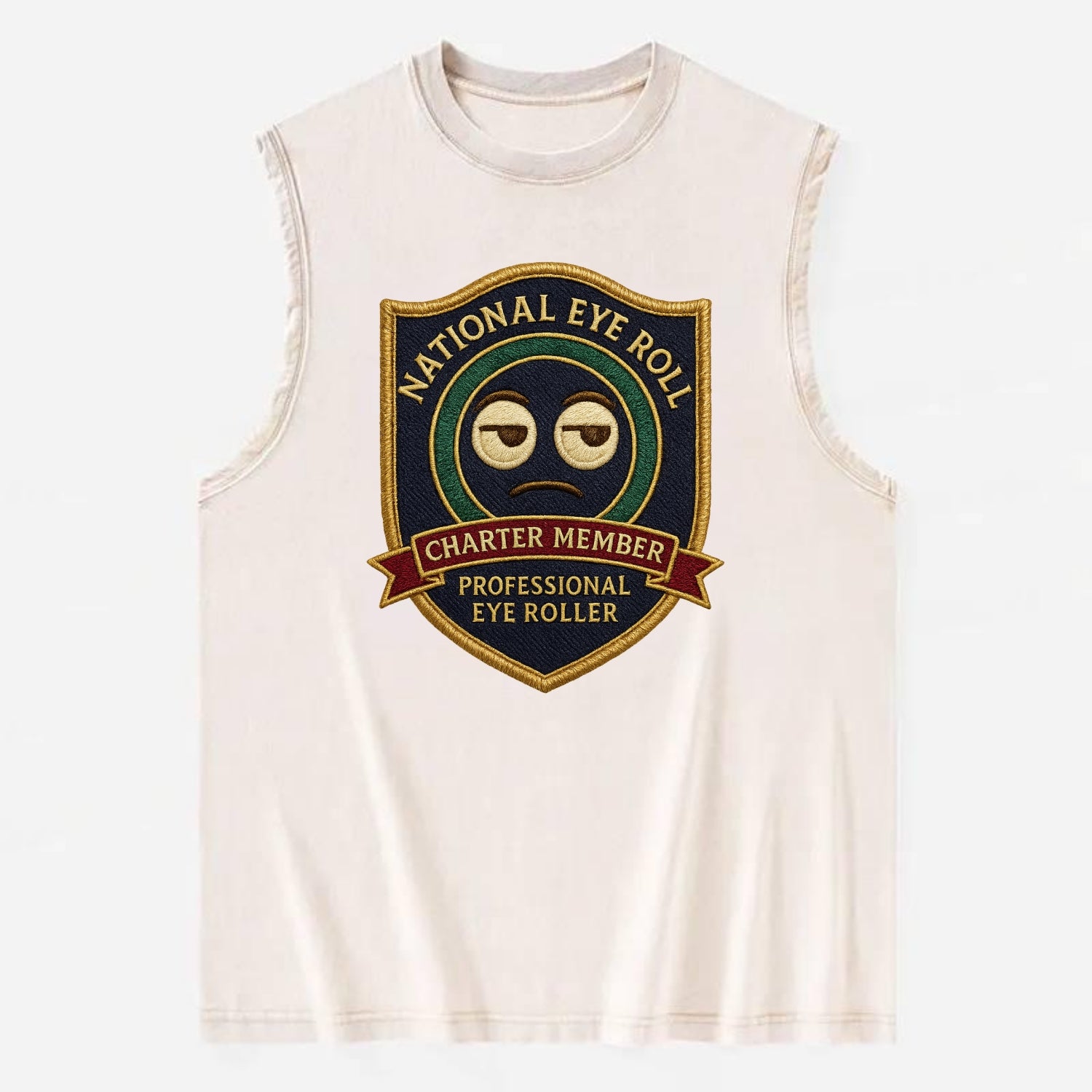 Crest with eye roll icon - "National Eye Roll Association - Charter Member" - - Vintage Washed Tank - Beige