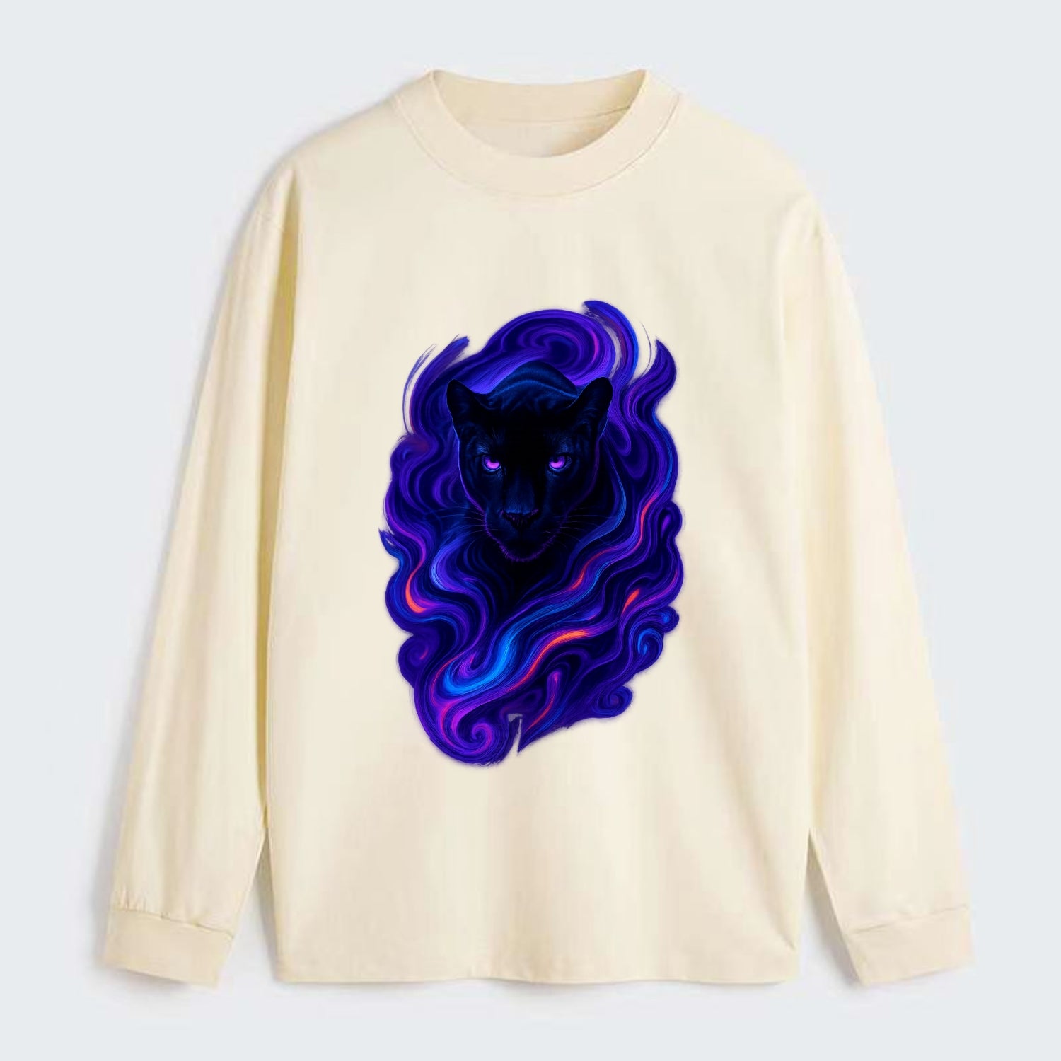 Sleek black panther emerging from swirls of deep purple and electric - Classic Long Sleeve Shirt - Beige
