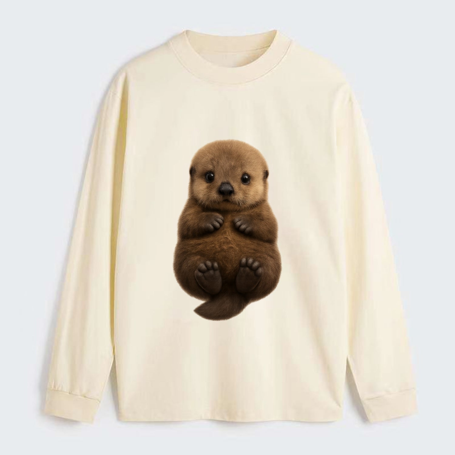 Baby Sea Otter - brown fluffy, floating on back, tiny paws, bright - Classic Long Sleeve Shirt - Beige