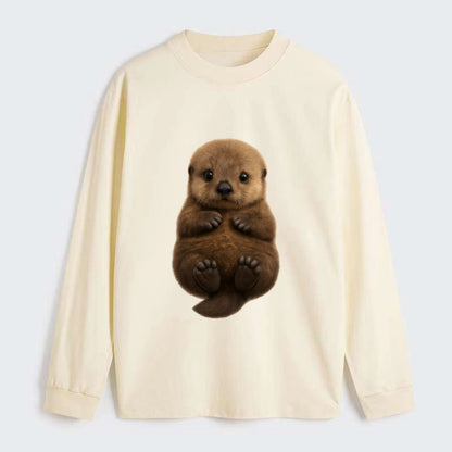 Baby Sea Otter - brown fluffy, floating on back, tiny paws, bright - Classic Long Sleeve Shirt - Beige