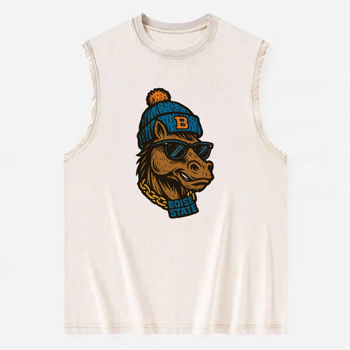 Boise Bronco wearing Boise State beanie with B patch - Vintage Washed Tank