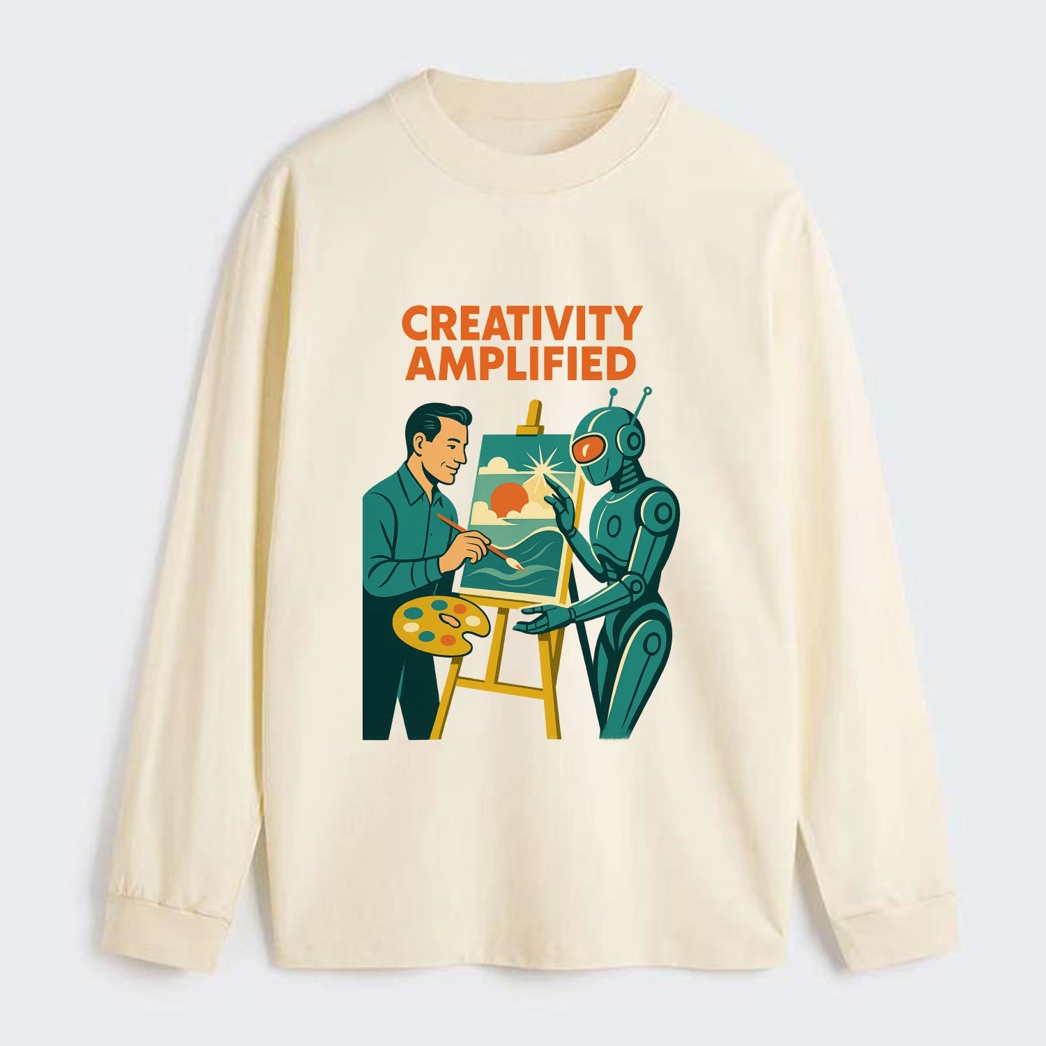 Artist and AI creating beautiful masterpiece together - "Creativity - Classic Long Sleeve Shirt - Beige