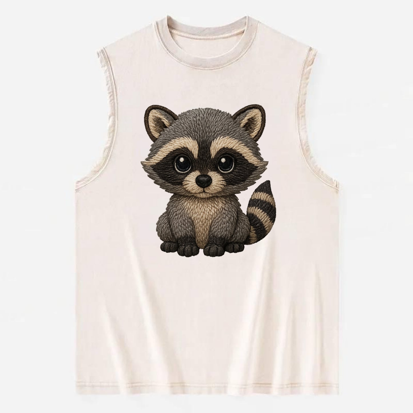 Baby Raccoon - gray fur, black mask, ringed tail, bright curious eyes, - Vintage Washed Tank - Beige