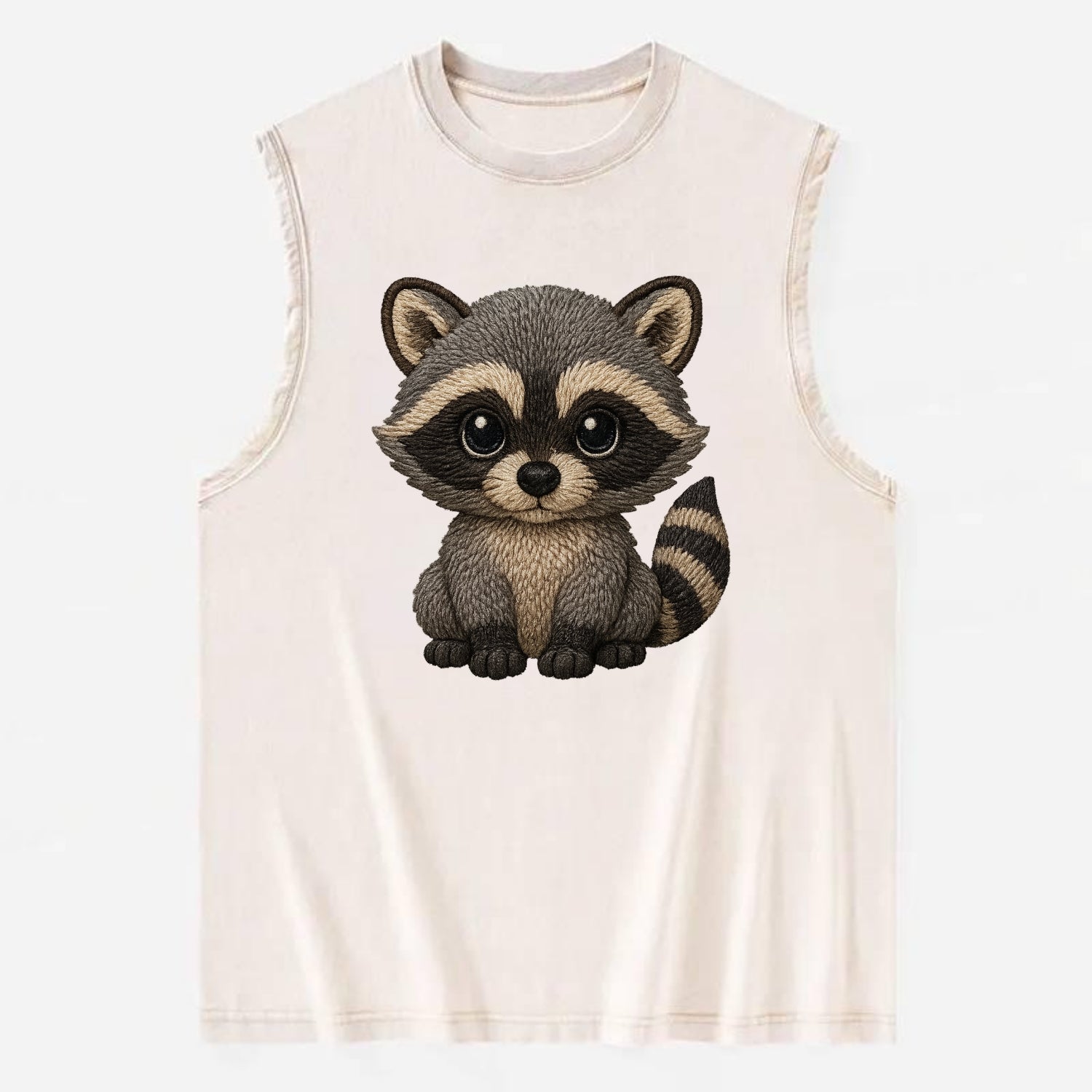 Baby Raccoon - gray fur, black mask, ringed tail, bright curious eyes, - Vintage Washed Tank - Beige