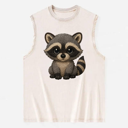 Baby Raccoon - gray fur, black mask, ringed tail, bright curious eyes, - Vintage Washed Tank - Beige