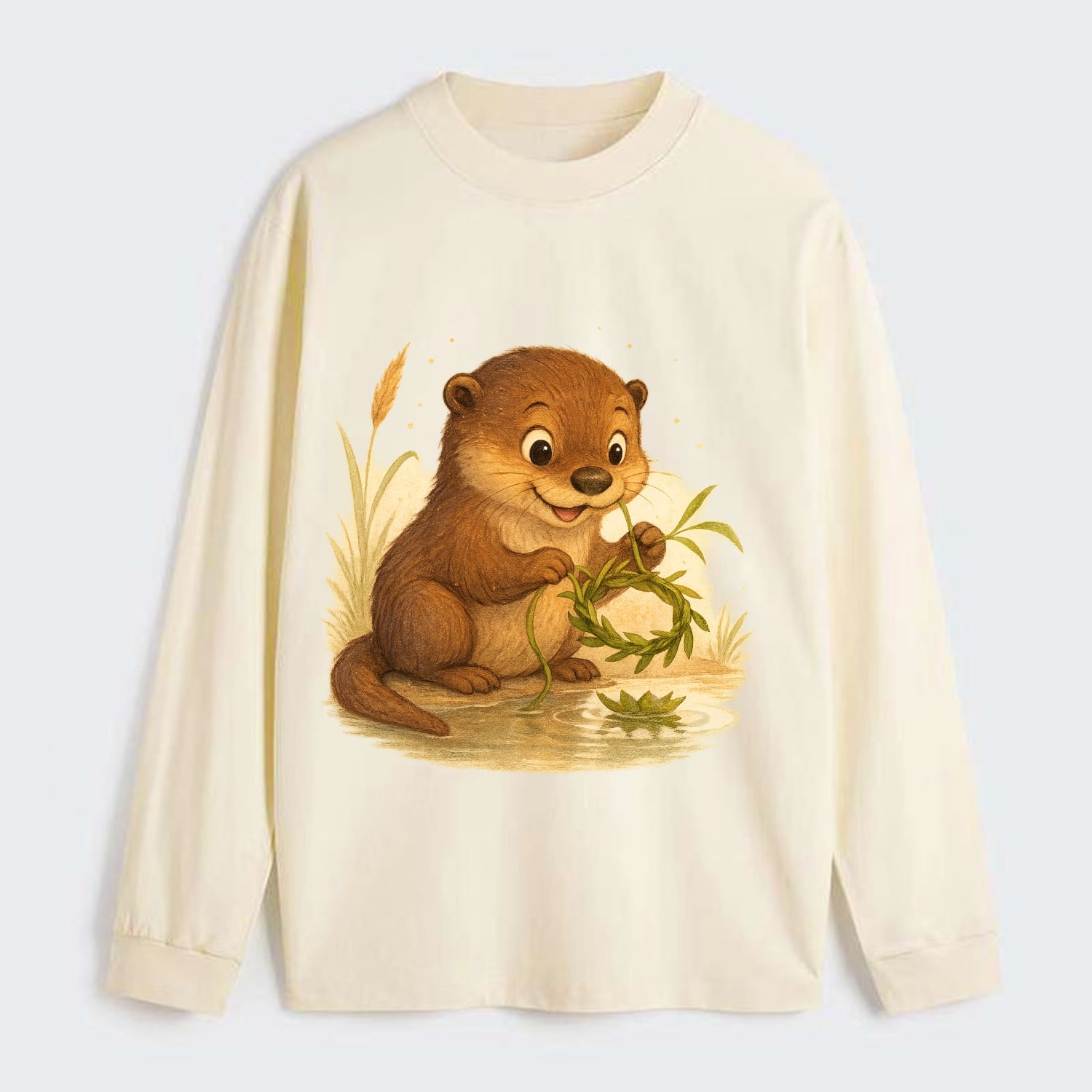 Otter weaving river reeds into a floating crown beside mirror-still - Classic Long Sleeve Shirt - Beige