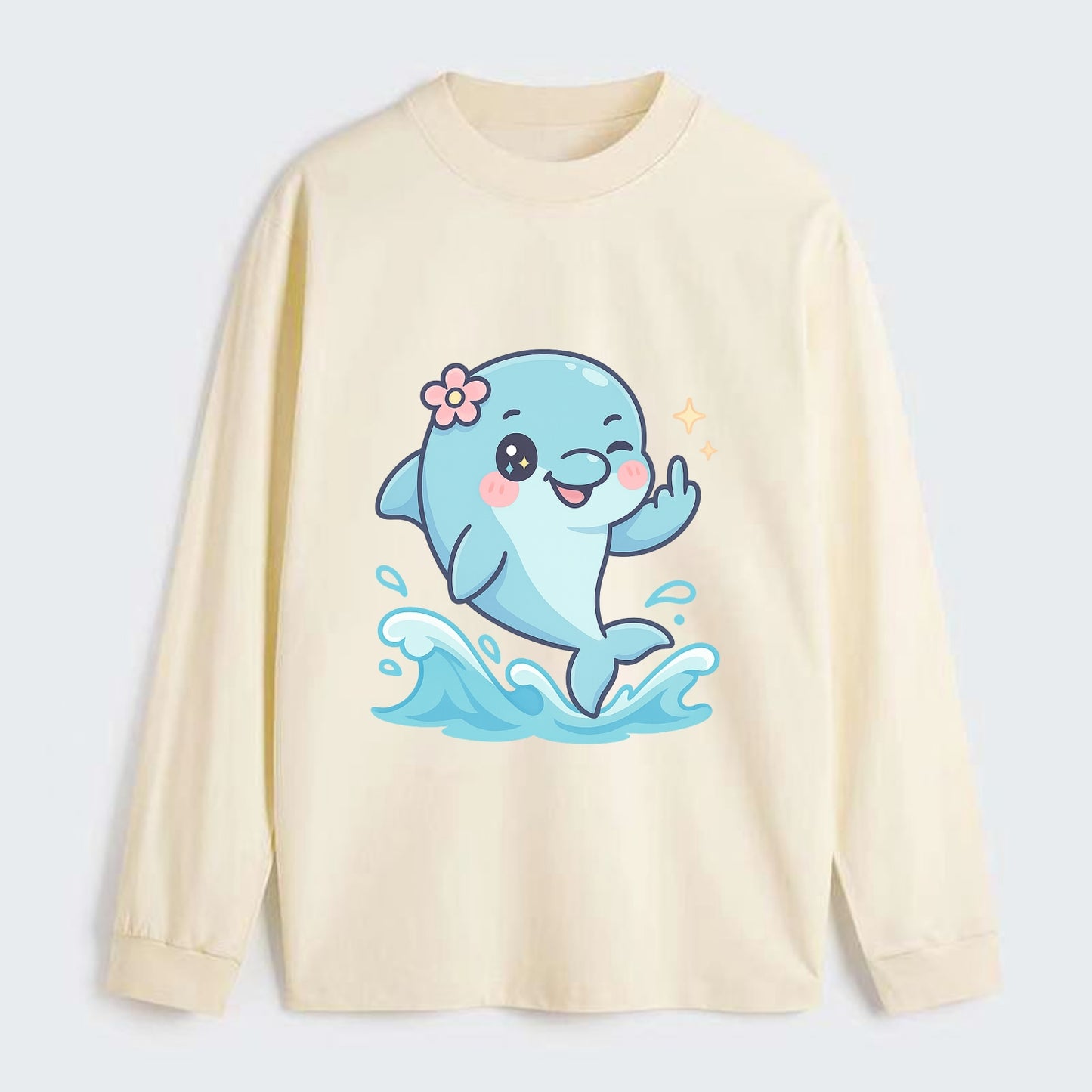 smiling dolphin jumping through ocean waves, one fin up with attitude - Classic Long Sleeve Shirt - Beige