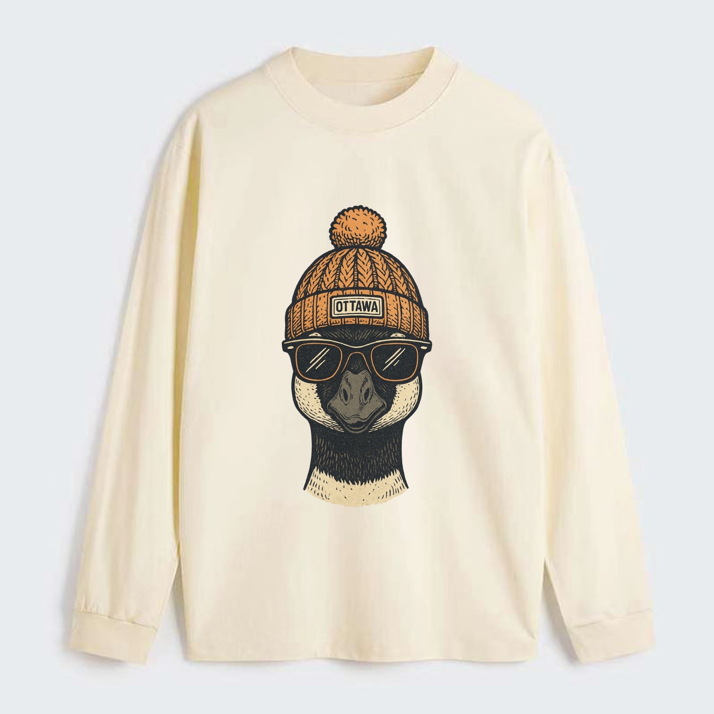 Ottawa Canadian Goose wearing Ottawa beanie with pom pom and wayfarer - Classic Long Sleeve Shirt - Beige