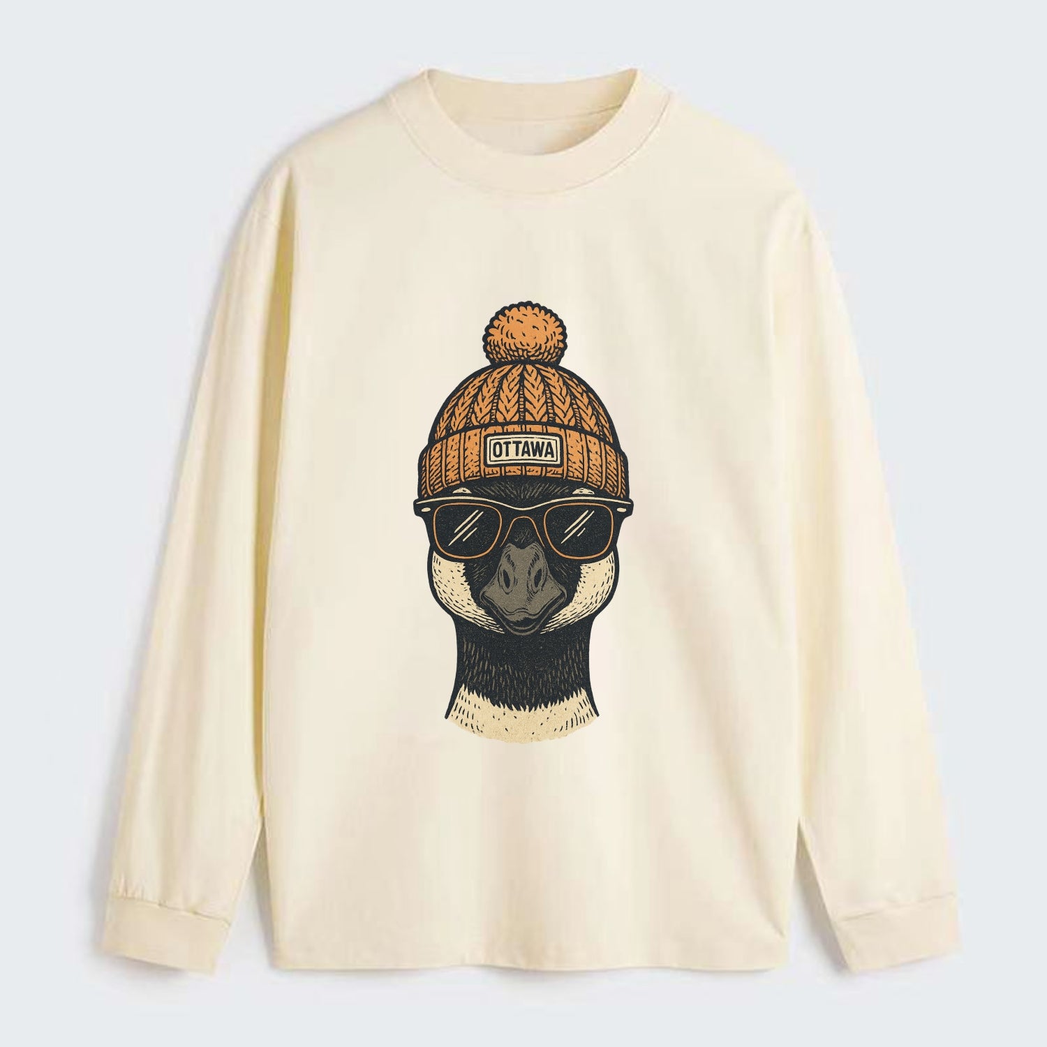 Ottawa Canadian Goose wearing Ottawa beanie with pom pom and wayfarer - Classic Long Sleeve Shirt - Beige