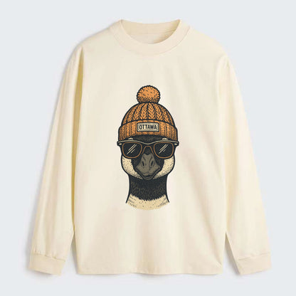 Ottawa Canadian Goose wearing Ottawa beanie with pom pom and wayfarer - Classic Long Sleeve Shirt - Beige