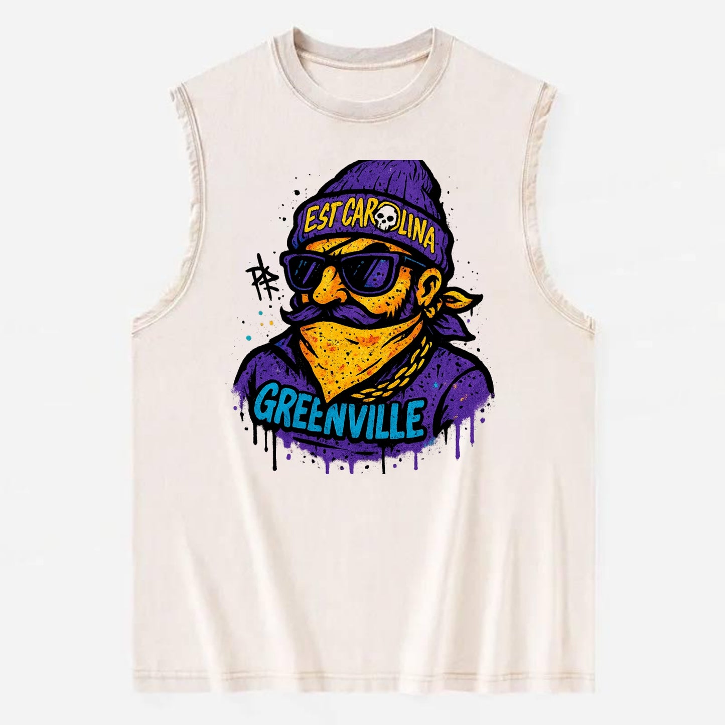 Greenville Pirate wearing East Carolina beanie with skull patch - Vintage Washed Tank - Beige