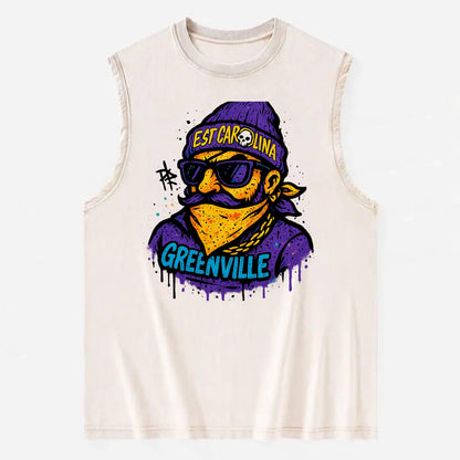 Greenville Pirate wearing East Carolina beanie with skull patch - Vintage Washed Tank - Beige